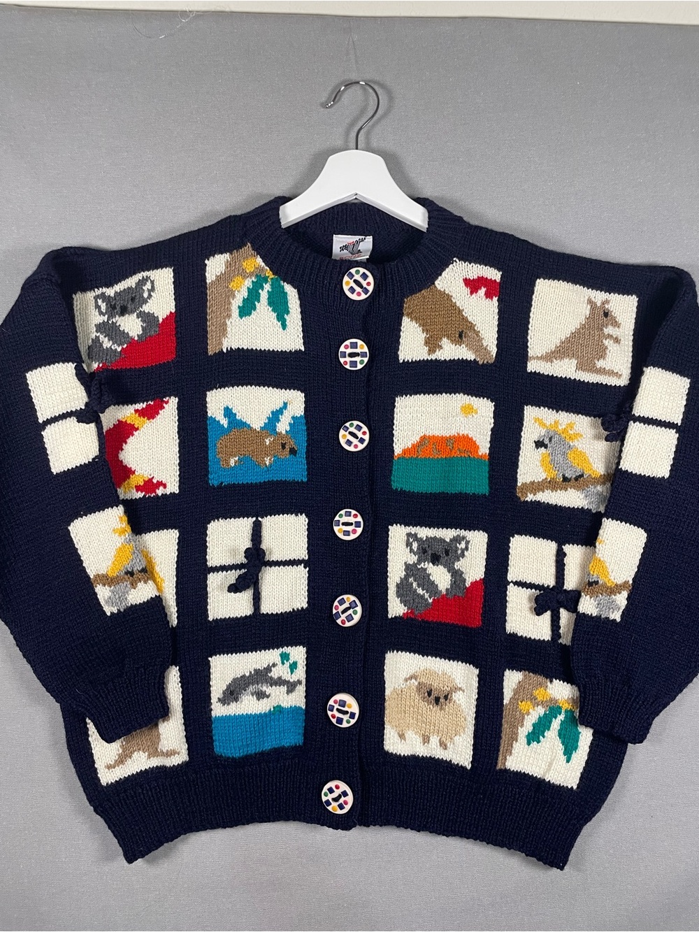 Vtg BONZ Australia Hand Knit Wool Cardigan Sweater Australiana Koala Kangaroo